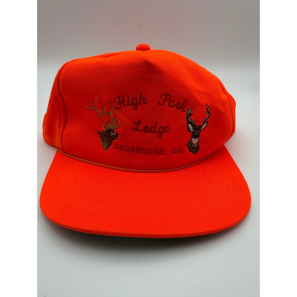Vintage 90s Blaze Orange High Park Lodge Trucker Hat Snapback Deer Hunting Cap